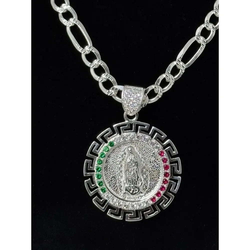 925 Sterling Silver Virgin Mary Pendant Necklace 27 Inch Figaro Chain Italy